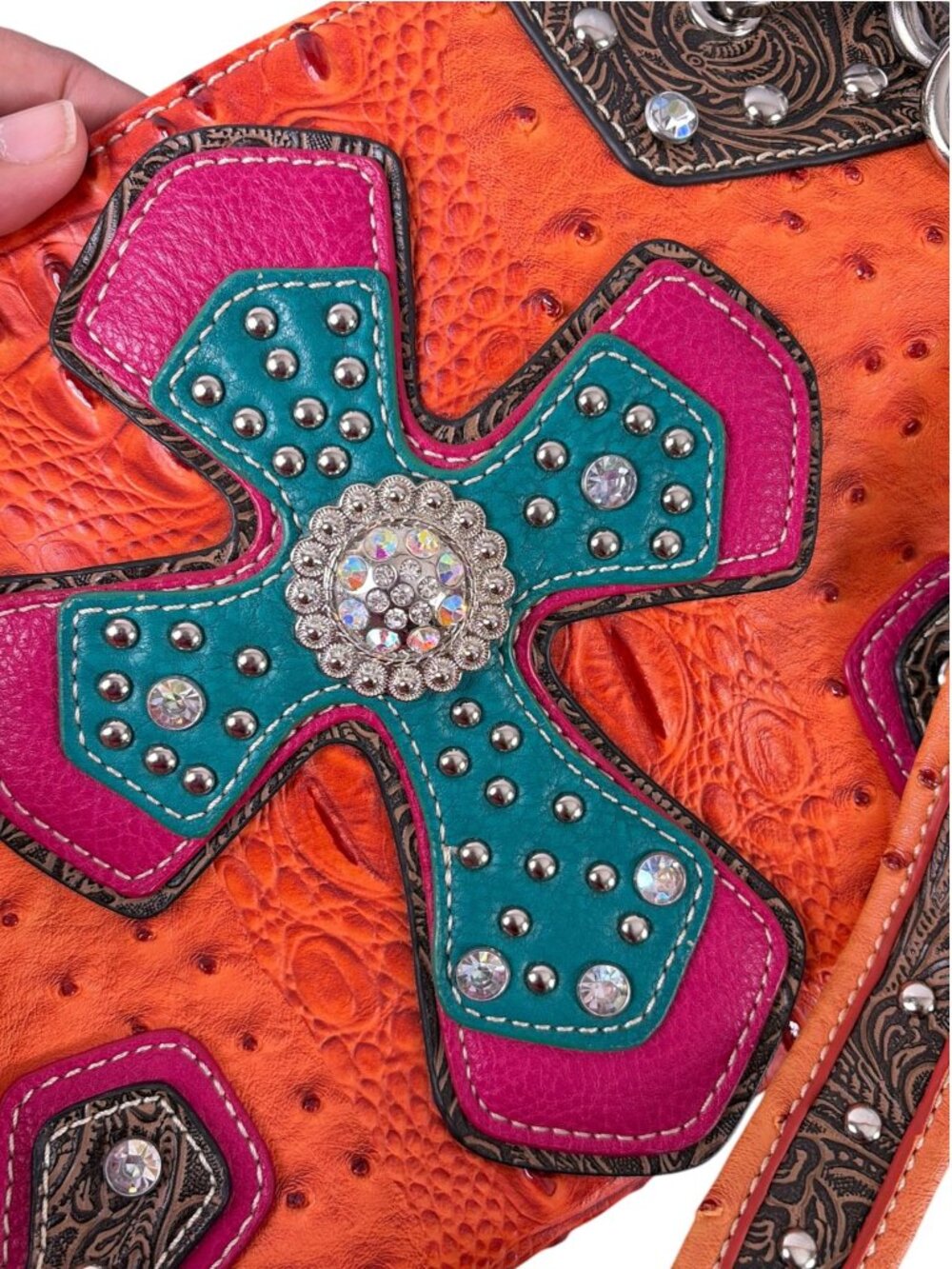 Vintage Blazin Roxx Cowgirl Purse Orange Pink Turquoise Rhinestone Cross - Picture 16 of 16